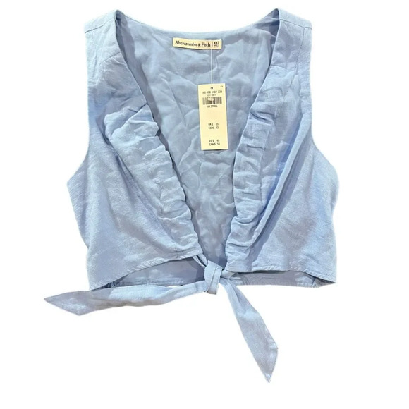 NWT Abercrombie‎ & Fitch Women's Blue Cropped Tie Front Linen Top Size XXS - Picture 4 of 5